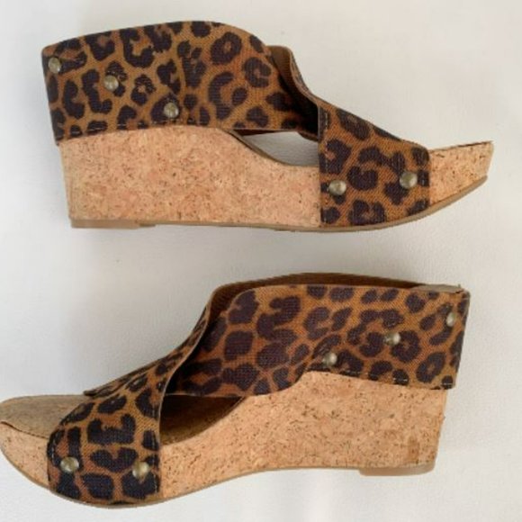 Lucky Brand Miller 2 Cork Wedge Sandals Brown Leopard Mob Wife Wedges - Picture 7 of 9